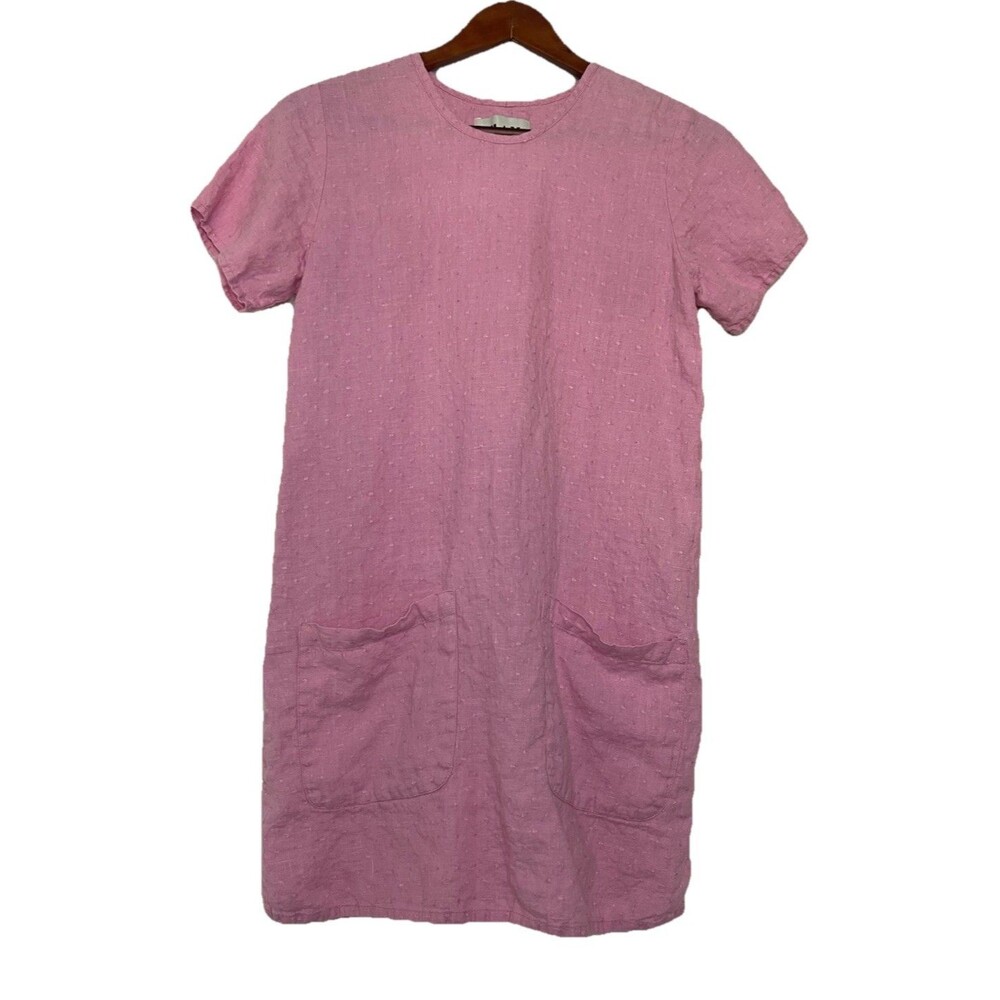 Flax Women's Petite Pink Short Sleeve Linen Mini Dress Pockets